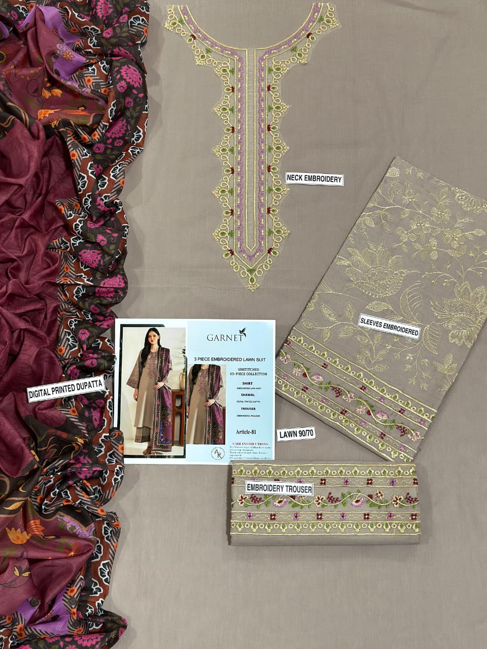 🌸GARNET 3PC Lawn Set – Embroidered shirt,