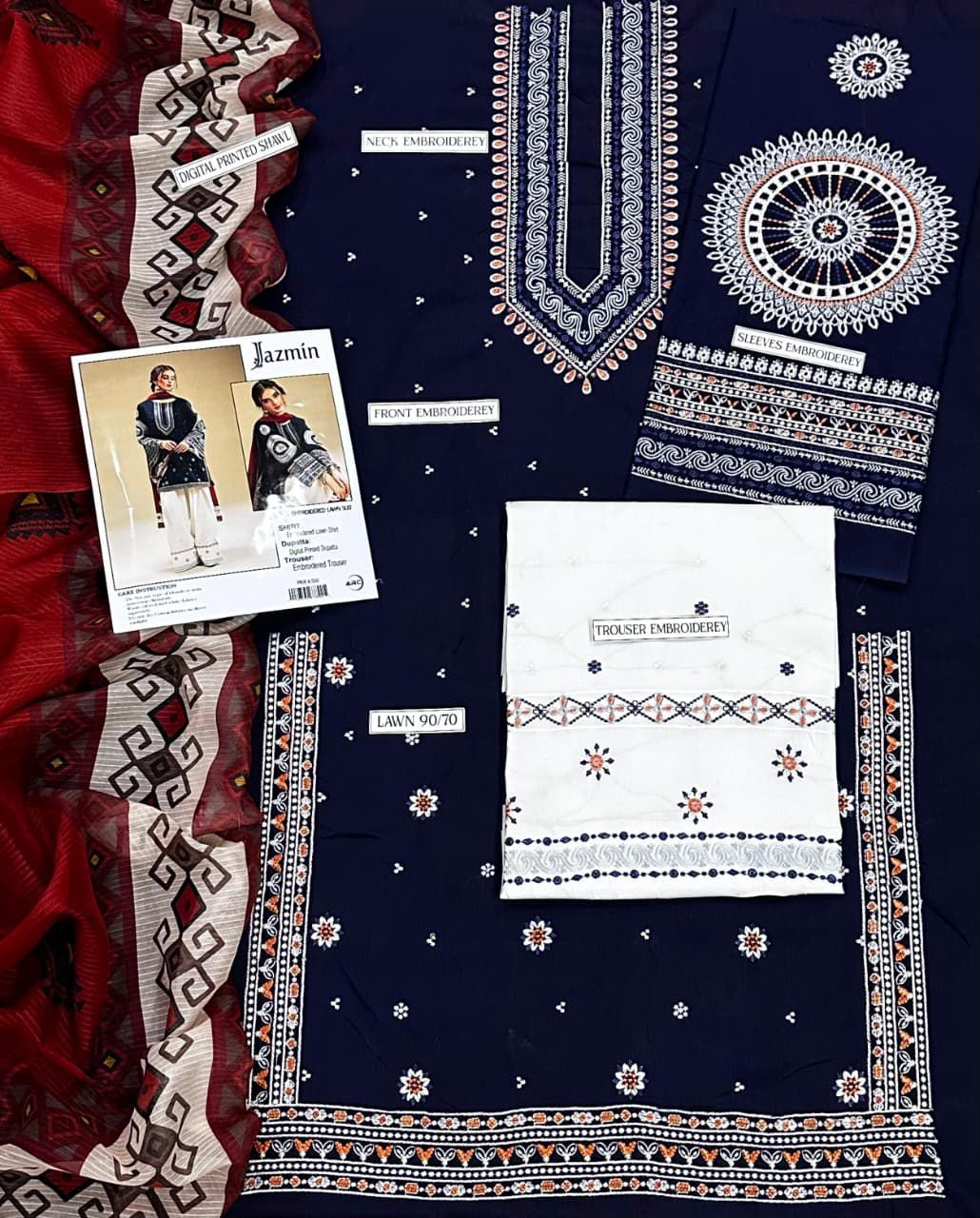 SR-RR610 Unstitched Heavy Embroidered Lawn Suit With Digital Printed Monar Dupatta
